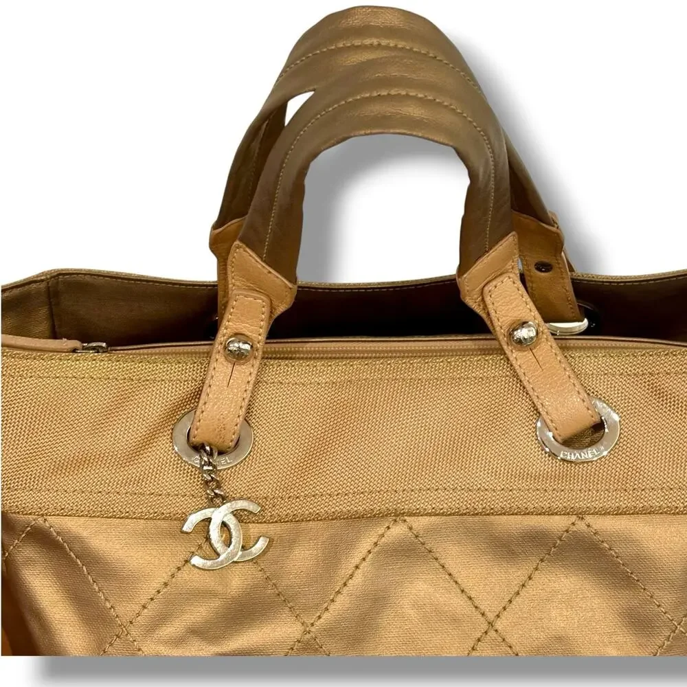 Authentic Chanel Paris Biarritz CC Large Tote Bag Gold Tan Coated Canvas Handbag